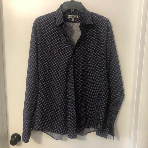 Express Mens Fitted‎ Polka Dot Button Down Shirt Navy Blue Lrge - Picture 1 of 7